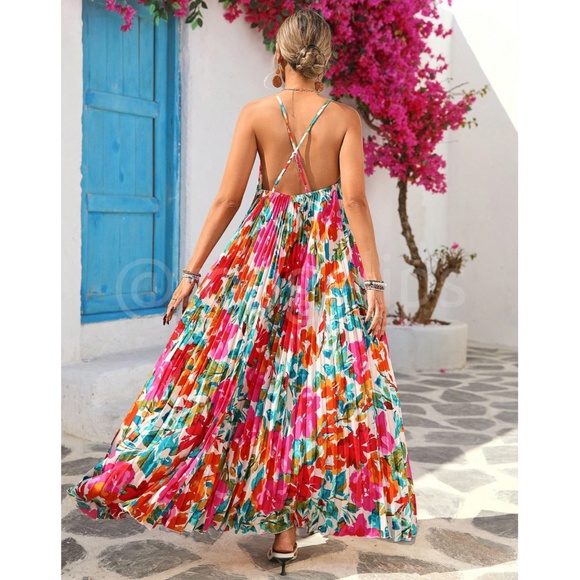 Bright Floral Multicolor Tropical Pleated Maxi Flared Dress - Picture 1 of 8